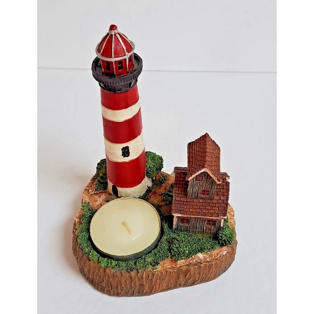 Giftco Lighthouse Cove Polyresin Candle Holder Red White Coastal Decor Tealight